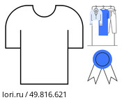 Large outlined T-shirt, hanging clothes shirt, T-shirt, pants, and award ribbon illustrate fashion quality, wardrobe organization, and achievement. Ideal for fashion design, clothing brands retail. Outline of T-shirt with Wardrobe and Award Ribbon Symbolizing Fashion Excellence and Quality. Стоковая иллюстрация, агентство Ingram Publishing / Фотобанк Лори