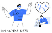 Person wearing VR headset, connected to circuitry, heartbeat icon, holding shopping bags. Ideal for technology, healthcare, e-commerce, wearables, VR human-machine interface digital lifestyle. Human with Circuitry, Heartbeat Symbol, and Shopping Bags Signifying Technological Integration. Стоковая иллюстрация, агентство Ingram Publishing / Фотобанк Лори