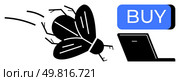 Fly heading towards laptop with BUY button conveys software bug concept. Ideal for tech issues, online shopping, cybersecurity, debugging, IT solutions, software development, customer support. Line. Computer Bug Concept with Fly and Laptop Highlighting Software Glitch During Online Purchase. Стоковая иллюстрация, агентство Ingram Publishing / Фотобанк Лори