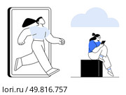 Woman stepping out of smartphone indicates breaking digital boundaries another woman sits reading on tablet, relaxed. Ideal for technology, freedom, digital transformation, relaxation, connectivity. Woman stepping out of smartphone while another woman sits relaxed reading on tablet under cloud. Стоковая иллюстрация, агентство Ingram Publishing / Фотобанк Лори