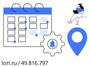 Calendar with marked dates, gear with notification bell, location marker, woman working on laptop. Ideal for event planning, productivity, scheduling, project management, reminders, location. Woman Planning Calendar Events with Laptop, Gear and Location Marker Elements. Стоковая иллюстрация, агентство Ingram Publishing / Фотобанк Лори