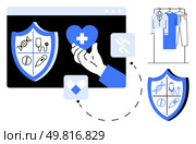 Shields with medical icons, hand holding heart with cross, clothing rack. Ideal for healthcare, medicine, wellness, protection, telemedicine health services medical apps. Line metaphor. Digital Health and Wellness Icon with Medical Shield, Heart, and Clothing Elements. Стоковая иллюстрация, агентство Ingram Publishing / Фотобанк Лори