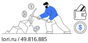 Man mining cryptocurrency with a pickaxe as coins with various currency symbols are extracted. Wallet and credit cards depicted. Ideal for fintech, digital currency, investment, financial services. Man mining cryptocurrency with pickaxe and digital wallet representation. Стоковая иллюстрация, агентство Ingram Publishing / Фотобанк Лори