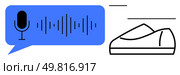 Microphone in blue speech bubble with audio wave and black outline sneaker. Ideal for podcasts, voice recognition, smart wearables, fitness tech, innovation in footwear, accessibility, speech. Voice Command for Smart Shoes Microphone Icon with Audio Wave and Footwear Technology Concept. Стоковая иллюстрация, агентство Ingram Publishing / Фотобанк Лори
