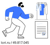 Man in blue shirt and white pants runs toward a clothes rack with various garments and a signed document. Ideal for business, agreements, deliveries, fashion, task management, retail, professionalism. Man in Blue Outfit Running Toward Clothes Rack and Signed Document. Стоковая иллюстрация, агентство Ingram Publishing / Фотобанк Лори