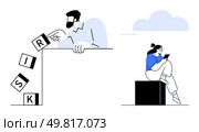 A man pushes block letters spelling RISK off an edge, causing them to fall. Woman sits casually on a block reading a tablet, sky with a cloud in the background. Ideal for business strategy, risk. Man pushing block letters causing them to fall while woman relaxes below reading a tablet. Стоковая иллюстрация, агентство Ingram Publishing / Фотобанк Лори