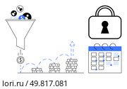 Leads enter funnel, transform into coins landing on stacked coins indicating growth. Padlock signifies security, calendar highlights scheduling, planning. Ideal for marketing, finance, security. Sales Funnel Filtering Leads into Revenue Stacks with Calendar and Security Lock. Стоковая иллюстрация, агентство Ingram Publishing / Фотобанк Лори