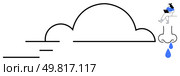 Sneezing nose with blue tear drops. Person in blue top using laptop. Black outlined clouds. Ideal for allergy awareness, healthcare, weather changes, work-from-home, medical advice, seasonal changes. Abstract Allergy Illustration with Sneezing Nose and Person on Laptop Against Cloudy Sky. Стоковая иллюстрация, агентство Ingram Publishing / Фотобанк Лори