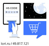 Hand inserting money into a terminal displaying HS Code, Earth graphic, shopping cart in speech bubble. Ideal for digital transactions, global trade, commerce, e-commerce, online shopping, payment. Digital Transaction and Global Trade Concept with Hand Paying, HS Code, Earth, and Shopping Cart. Стоковая иллюстрация, агентство Ingram Publishing / Фотобанк Лори