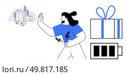 Person rejects common food items thumbs up milk, cheese, and fish, holds an electric battery. Ideal for health, diet choices, energy transfer, modern lifestyle, priorities and consumption patterns. Person rejecting food items holding electric battery, gift box beside, metaphor for prioritizing. Стоковая иллюстрация, агентство Ingram Publishing / Фотобанк Лори
