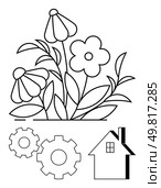 Flowers with leaves beside two gears and a house outline. Ideal for nature, engineering, home, education, childrens activities coloring designs. Line metaphor. Line metaphor. Simple line icons. Simple Black and White Outline of Flowers, Gears, and House for Various Thematic Uses. Стоковая иллюстрация, агентство Ingram Publishing / Фотобанк Лори