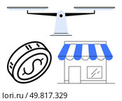 Seesaw scale balancing, coin with dollar sign, and blue-striped storefront representing financial themes. Ideal for economics, small business, finance management, investment, retail, budgeting. Economic Elements - Seesaw Scale, Coin, and Small Business Storefront Represent Financial Balance. Стоковая иллюстрация, агентство Ingram Publishing / Фотобанк Лори