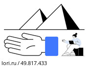 Geometric pyramids, hand extended in offering, woman working on laptop. Ideal for themes of contrast, technology, work, ancient history, connection minimalism digital transformation. Line metaphor. Geometric Pyramids, Open Hand, and Woman Working on Laptop Blending Ancient and Modern Themes. Стоковая иллюстрация, агентство Ingram Publishing / Фотобанк Лори