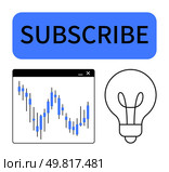 Subscribe button and candlestick chart with light bulb. Ideal for investment tips, economic analysis, financial advice, marketing strategies, innovation ideas, educational content, newsletters. Line. Subscribe Button with Candlestick Chart and Light Bulb Indicating Ideas and Financial Insights. Стоковая иллюстрация, агентство Ingram Publishing / Фотобанк Лори