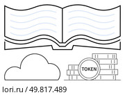 Open book with blue lines, cloud, and stack of token coins. Ideal for education, digital library, cloud storage, blockchain, investment technology and cryptocurrency themes. Line metaphor. Open Book with Cloud and Token Coins Representing Digital Library and Cryptocurrency Storage. Стоковая иллюстрация, агентство Ingram Publishing / Фотобанк Лори