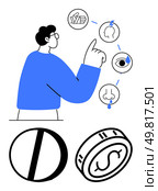 Person pointing at icons showing headache, eye strain, and nasal congestion, with images of a pill and a dollar coin. Ideal for healthcare, medical advice, wellness programs, pharmaceutical industry. Person Highlighting Health Symptoms, Medication, and Costs in Healthcare Context. Стоковая иллюстрация, агентство Ingram Publishing / Фотобанк Лори