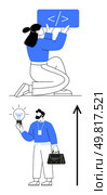 Coder holding coding symbol joins businessman with light bulb symbolizing innovation, growth, teamwork. Ideal for tech startups, collaboration, coding, creativity, business growth, problem-solving. Collaborative Innovation and Growth in Technology Development. Стоковая иллюстрация, агентство Ingram Publishing / Фотобанк Лори