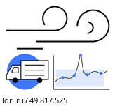 Truck icon swirling wind lines graph with data points. Ideal for logistics, data analysis, transportation, efficiency, business, supply chain, growth. Line metaphor. Streamlined Logistics and Data Analysis for Optimized Supply Chain Efficiency. Стоковая иллюстрация, агентство Ingram Publishing / Фотобанк Лори