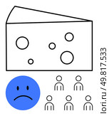 Cheese wedge with holes, blue sad face emoticon, six stick figures. Ideal for supply chain issues, food shortages, community impact, economic effects, minimalism, emotional response, simple design. Cheese Shortage Represented by Sad Face and Small Crowd in Minimalistic Style. Стоковая иллюстрация, агентство Ingram Publishing / Фотобанк Лори