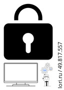 Large padlock symbolizing security, computer monitor indicating digital device, and robotic hand pointing at CRM gears. Ideal for technology, cybersecurity, digital privacy, data protection, IT. Cybersecurity Overview Protecting Digital Devices and CRM Systems with Advanced Mechanisms. Стоковая иллюстрация, агентство Ingram Publishing / Фотобанк Лори