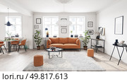 Scandinavian-style living room with orange sofa and framed artwork. 3d rendering.. Bright living room with orange sofa. Стоковое фото, агентство Ingram Publishing / Фотобанк Лори