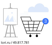 Shopping cart with notification 3, easel with geometric drawing, blue cloud. Ideal for online shopping, art business, e-commerce, marketing, education presentations cloud services. Line metaphor. Shopping Cart with 3 Items Next to Easel in Minimalist Blue and White Theme. Стоковая иллюстрация, агентство Ingram Publishing / Фотобанк Лори