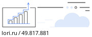 Bar chart with increasing values and upward arrow next to expanding clouds. Ideal for business growth, data analysis, cloud computing, success, progress tracking, performance measurement. Bar chart with upward arrow and expanding cloud shapes suggesting growth and data analysis. Стоковая иллюстрация, агентство Ingram Publishing / Фотобанк Лори