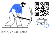 Worker hammering with determination, black and white QR code, and blue accented briefcase. Ideal for technology, business, modernization, QR use, construction, innovation, work-life balance themes. Worker Hammering with QR Code and Briefcase Symbolizing Modern Business and Technology Integration. Стоковая иллюстрация, агентство Ingram Publishing / Фотобанк Лори