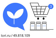 Shopping cart with three items, plant leaf in speech bubble, and jars on a shelf. Ideal for e-commerce, sustainability, grocery delivery, organic products, online shopping, eco-friendly businesses. Online Grocery Shopping and Green Products Concept with Shopping Cart and Plant Leaf Symbol. Стоковая иллюстрация, агентство Ingram Publishing / Фотобанк Лори