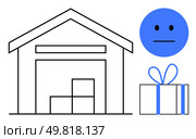 Warehouse storing boxes, a blue gift package with ribbon, and an expressionless blue face. Ideal for logistics, storage solutions, gift delivery, supply chain, emotions in business, inventory. Storage warehouse with boxes, gift package, and content face emoticon for logistics and emotions themes. Стоковая иллюстрация, агентство Ingram Publishing / Фотобанк Лори