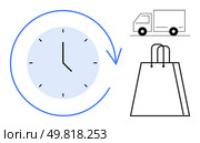 Clock with a clockwise arrow, delivery truck, and shopping bag. Ideal for time management, logistics, delivery, shopping, scheduling e-commerce and customer service concepts. Line metaphor. Efficient Delivery Services with Timely Logistics and Shopping Management. Стоковая иллюстрация, агентство Ingram Publishing / Фотобанк Лори
