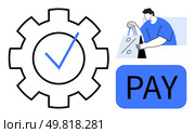 Gear with a checkmark for confirmation, person with shopping bags, and a PAY button. Ideal for ecommerce, online payments, shopping apps, digital transactions, retail security, convenience services. Efficient Online Shopping and Payment Processing with Secure Checkout Confirmation. Стоковая иллюстрация, агентство Ingram Publishing / Фотобанк Лори