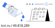 Hand pouring water on calendar, symbolizing nurturing and growth. Ideal for productivity, time management, goal setting, scheduling, project planning, development and progress tracking. Line. Hand Watering Plants with Calendar, Droplets Representing Planned Growth and Nurturing Ideas. Стоковая иллюстрация, агентство Ingram Publishing / Фотобанк Лори