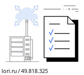 Server connected to a cloud icon with outward arrows, beside a checklist with blue checkmarks. Ideal for cloud storage, data management, digital transformation, IT solutions, network infrastructure. Cloud Computing and Data Management Concept with Server, Cloud Icon and Checklist. Стоковая иллюстрация, агентство Ingram Publishing / Фотобанк Лори