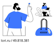 Man interacting with touchscreen, woman working on laptop near plants, blue handbag with price tag. Ideal for technology, remote work, online shopping, e-commerce, modern lifestyle, business. Man touching screen icon, woman using laptop outdoor, blue handbag with tag. Стоковая иллюстрация, агентство Ingram Publishing / Фотобанк Лори