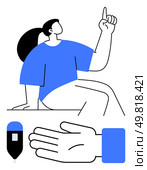 Person raising finger, hand gesture, and glucose meter representing Diabetes. Ideal for health, awareness, medical, diabetes education, patient care glucose monitoring and wellness themes. Line. Person Raising Finger, Hand Gesture, and Glucose Meter Representing Diabetes Awareness. Стоковая иллюстрация, агентство Ingram Publishing / Фотобанк Лори