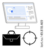 Business team analyzing data on computer screen with charts, briefcase indicating professionalism, target symbol for goals. Ideal for business strategy, analysis, planning, productivity, targets. Business Analytics on a Computer Screen with Briefcase and Target for Objectives and Strategy Planning. Стоковая иллюстрация, агентство Ingram Publishing / Фотобанк Лори