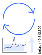 Blue circular arrows above a line graph with data points and upward arrow. Ideal for themes of growth, progress, development, analysis, iteration, improvement, success. Line metaphor. Circular Process Cycle with Growth Graph and Upward Arrow Symbolizing Progress and Development. Стоковая иллюстрация, агентство Ingram Publishing / Фотобанк Лори