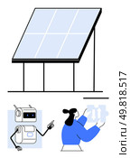 Solar panel installation human holding puzzle piece, robot pointing up. Ideal for technology, renewable energy, robotics, human-machine interaction, innovation, problem-solving, sustainability. Line. Robotic Innovation and Renewable Energy Human Integration Puzzling Future. Стоковая иллюстрация, агентство Ingram Publishing / Фотобанк Лори