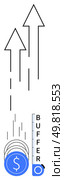 Dollar coins piling up and launching upwards into large arrows with a buffer gauge. Ideal for finance, investment, savings, growth strategy, budgeting, economic stability, success. Line metaphor. Financial growth concept with ascending arrows and buffer gauge highlighting financial stability. Стоковая иллюстрация, агентство Ingram Publishing / Фотобанк Лори