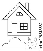 Outline drawing of a house with a chimney, cloud, and piggy bank illustration. Ideal for financial themes, housing, savings, basic shapes, comics education creativity. Line metaphor. Simple outline of house, cloud, and piggy bank. Стоковая иллюстрация, агентство Ingram Publishing / Фотобанк Лори