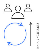 Three human figures connected above a circular arrow and upward line. Ideal for teamwork, collaboration, growth, innovation, process improvement, progress, and communication. Line metaphor. Collaboration and Innovation Harnessing Collective Ideas for Continuous Growth. Стоковая иллюстрация, агентство Ingram Publishing / Фотобанк Лори