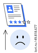 Job profile with three-star rating, frowning face, and upward arrow indicating improvement potential. Ideal for HR assessments, performance reviews, feedback processes, employee development. Employee Evaluation with Low Rating Depicted by Frowning Face and Three Out of Five Stars. Стоковая иллюстрация, агентство Ingram Publishing / Фотобанк Лори