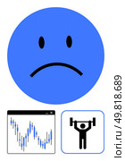 Blue sad face, stock market chart, weightlifter icon. Ideal for mental health, stock market fluctuations, fitness challenges, emotional contrasts, market instability, exercise motivation wellness. Blue sad face with stock chart and weightlifter icon, representing mixed emotions and outcomes. Стоковая иллюстрация, агентство Ingram Publishing / Фотобанк Лори