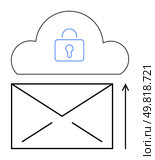 Envelope with lock inside cloud highlights secure email storage data protection encryption, and privacy. Ideal for tech, cloud services, cybersecurity, communications, privacy, encryption. Line. Secure Cloud Communication Ensuring Safe and Confidential Email Storage and Transfer. Стоковая иллюстрация, агентство Ingram Publishing / Фотобанк Лори