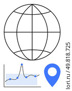 Globe grid line graph with data points blue geo-marker. Ideal for themes geography, data analysis, statistics, global connections, technology, navigation, growth trends. Line metaphor. Global Data Insights with Graph, Globe, and Geo-Location Marker. Стоковая иллюстрация, агентство Ingram Publishing / Фотобанк Лори