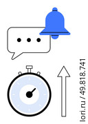 Speech bubble with ellipsis blue notification bell stopwatch upward arrow. Ideal for communication, alerts, productivity, time management, reminders, scheduling, efficiency themes. Line metaphor. Time Management and Notification Essentials with Stopwatch, Bell, and Chat Bubble. Стоковая иллюстрация, агентство Ingram Publishing / Фотобанк Лори