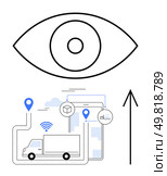 Eye symbol above a map and route with a truck, location pins, and an upward arrow. Ideal for logistics, tracking, navigation, smart delivery, IoT autonomous vehicles and transportation themes. Line. Conceptual Truck Illustration with Map, Route, Location Pins, and Symbolic Eye for Tracking and Navigation. Стоковая иллюстрация, агентство Ingram Publishing / Фотобанк Лори