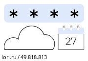 Cloud shape, password represented as asterisks, and calendar date emphasizing data protection, storage, and deadlines. Ideal for cybersecurity, cloud computing, secure access, data management online. Cloud storage security concept with password, cloud, and calendar. Стоковая иллюстрация, агентство Ingram Publishing / Фотобанк Лори