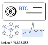 Bitcoin symbol BTC text blockchain network cubes line graph with data peaks. Ideal for finance, cryptocurrency, blockchain, technology, market trends, data analysis, investments. Line metaphor. Visualizing Bitcoin Cryptocurrency Trends in Blockchain and Market Analytics. Стоковая иллюстрация, агентство Ingram Publishing / Фотобанк Лори